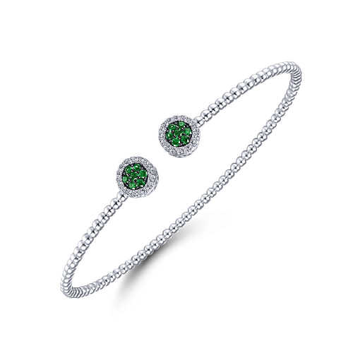 14K White Gold Bujukan Bead Cuff Bracelet with Emerald and Diamond Halo Caps