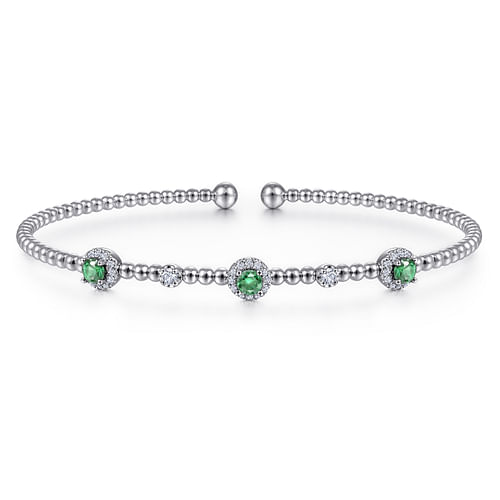 14K White Gold Bujukan Bead Cuff Bracelet with Emerald and Diamond Halo Stations