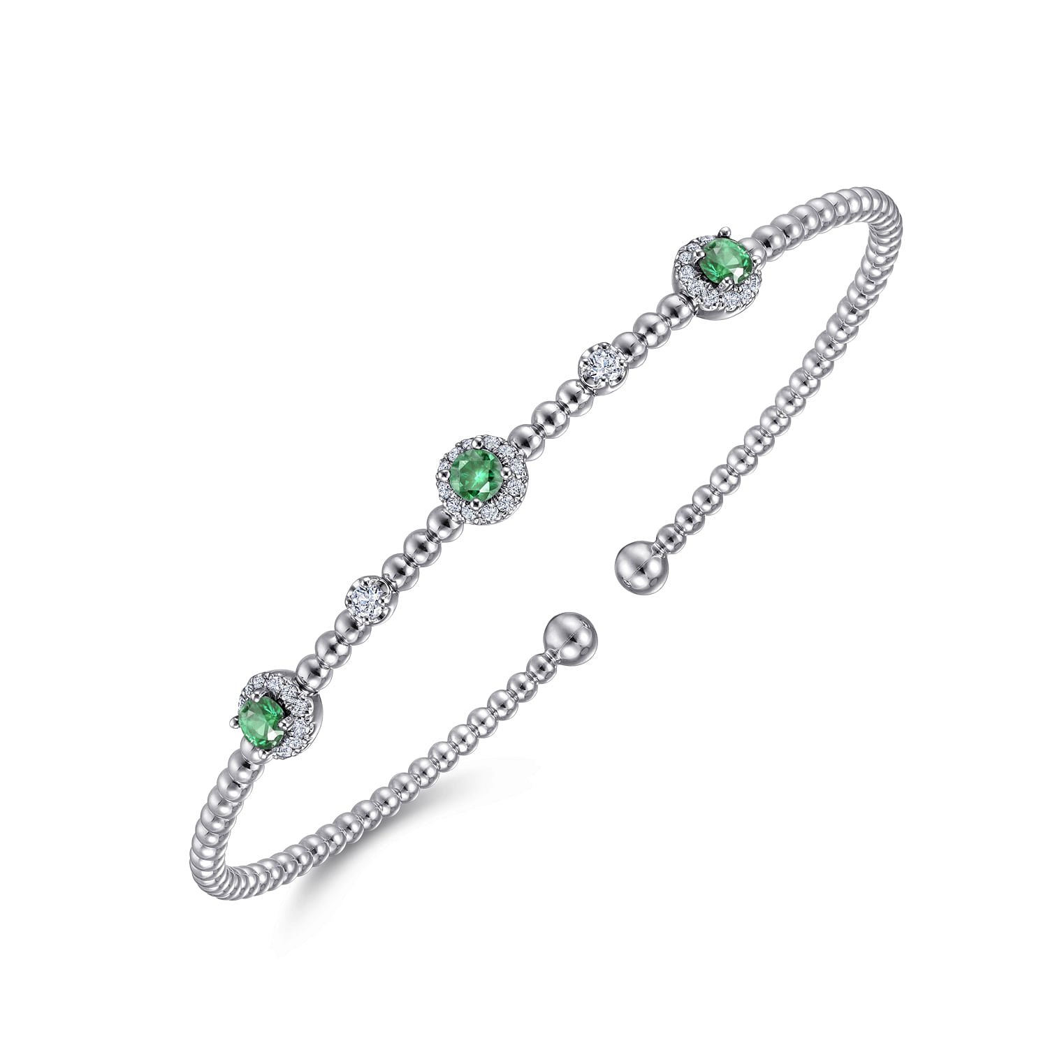 14K White Gold Bujukan Bead Cuff Bracelet with Emerald and Diamond Halo Stations