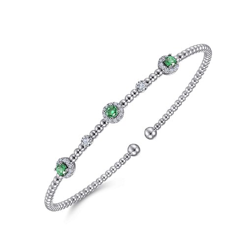 14K White Gold Bujukan Bead Cuff Bracelet with Emerald and Diamond Halo Stations