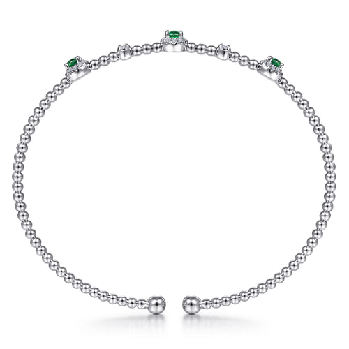 14K White Gold Bujukan Bead Cuff Bracelet with Emerald and Diamond Halo Stations