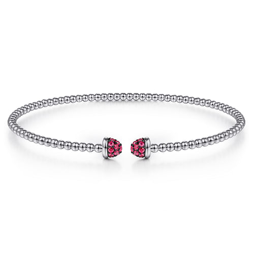 14K White Gold Bujukan Bead Cuff Bracelet with Ruby Pavé Caps