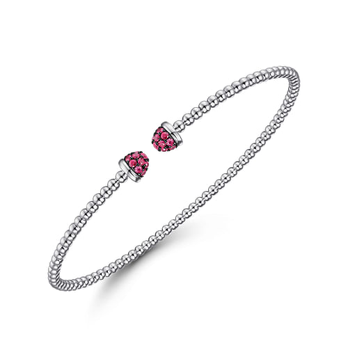 14K White Gold Bujukan Bead Cuff Bracelet with Ruby Pavé Caps