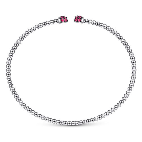 14K White Gold Bujukan Bead Cuff Bracelet with Ruby Pavé Caps