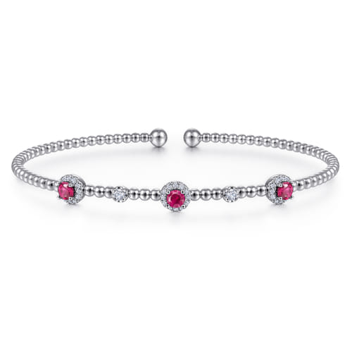 14K White Gold Bujukan Bead Cuff Bracelet with Ruby and Diamond Halo Stations