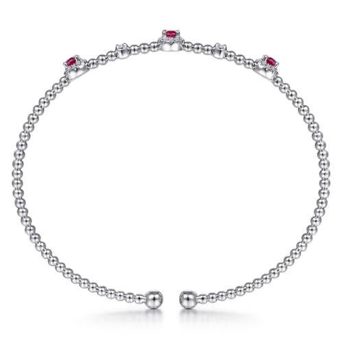 14K White Gold Bujukan Bead Cuff Bracelet with Ruby and Diamond Halo Stations