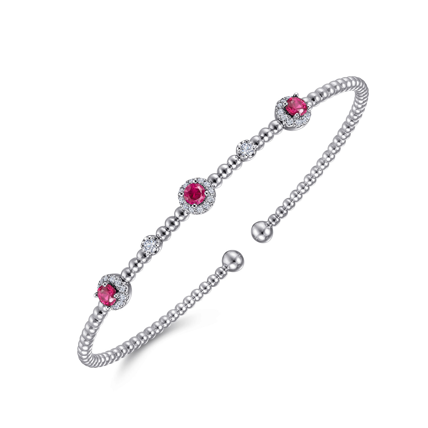 14K White Gold Bujukan Bead Cuff Bracelet with Ruby and Diamond Halo Stations