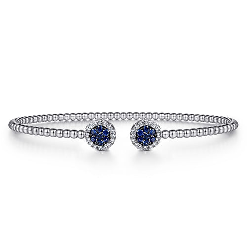 14K White Gold Bujukan Bead Cuff Bracelet with Sapphire and Diamond Halo Caps