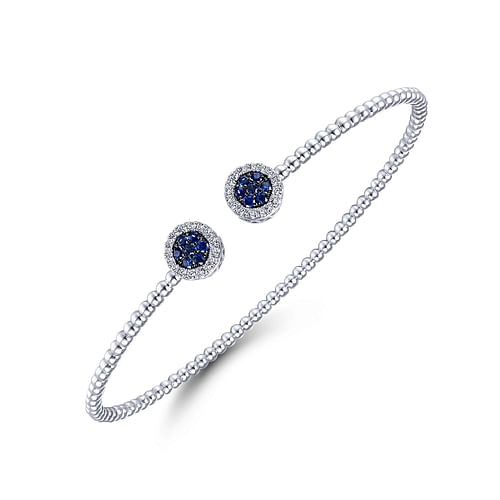 14K White Gold Bujukan Bead Cuff Bracelet with Sapphire and Diamond Halo Caps