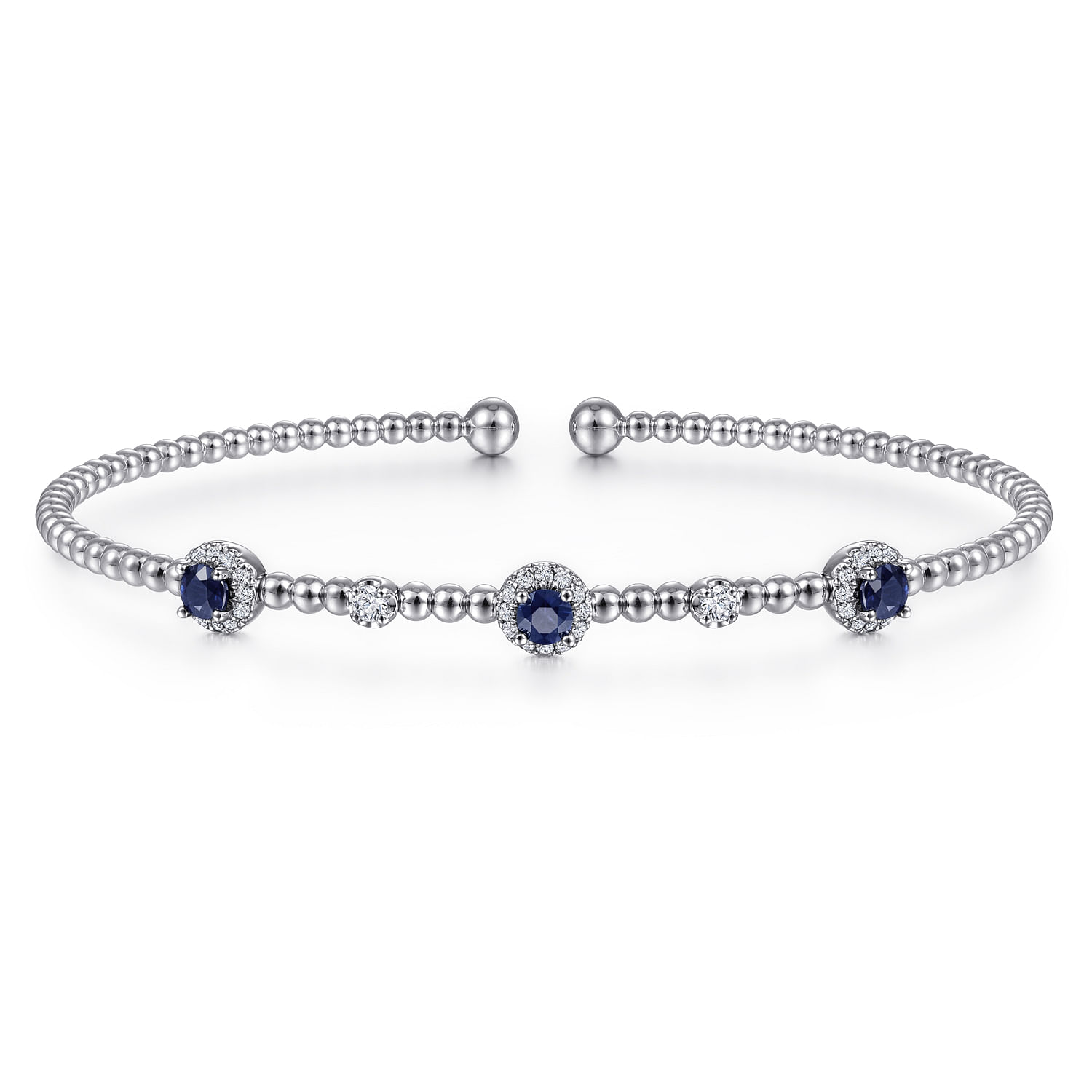 14K White Gold Bujukan Bead Cuff Bracelet with Sapphire and Diamond Halo Stations