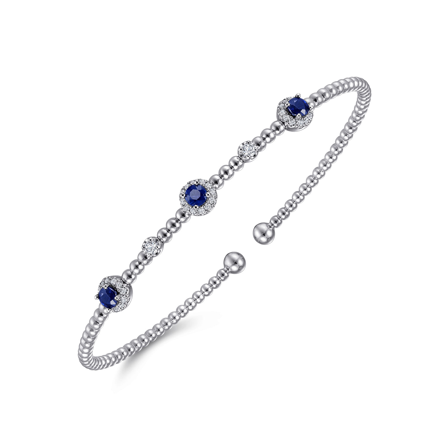 14K White Gold Bujukan Bead Cuff Bracelet with Sapphire and Diamond Halo Stations