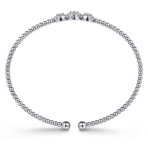 14K White Gold Bujukan Bead Cuff Bracelet with Three Pavé Diamond Stations