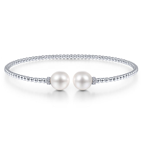 14K White Gold Bujukan Bead Split Bracelet with Pearl and Diamond Caps