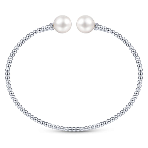 14K White Gold Bujukan Bead Split Bracelet with Pearl and Diamond Caps