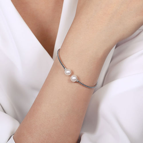 14K White Gold Bujukan Bead Split Bracelet with Pearl and Diamond Caps