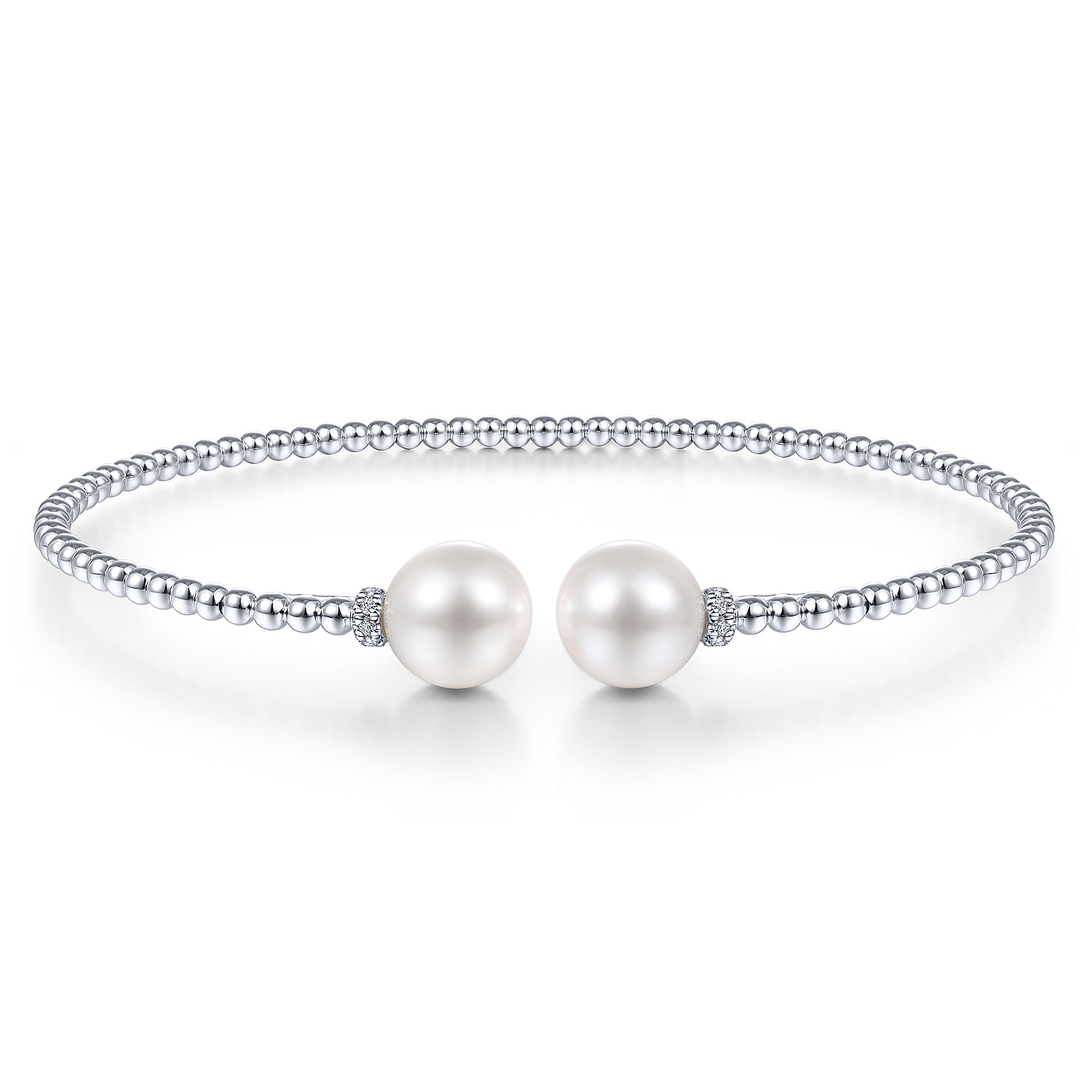14K White Gold Bujukan Bead Split Bracelet with Pearl and Diamond Caps