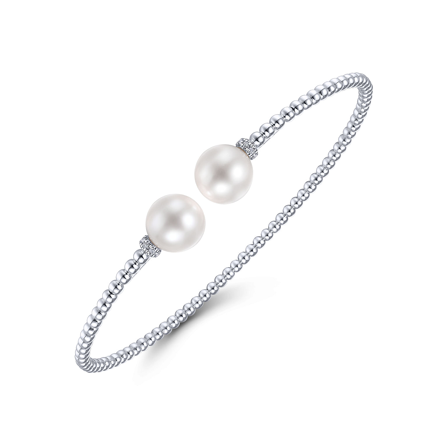 14K White Gold Bujukan Bead Split Bracelet with Pearl and Diamond Caps