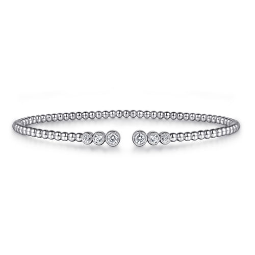 14K White Gold Bujukan Bead Split Cuff Bracelet with Bezel Set Diamonds