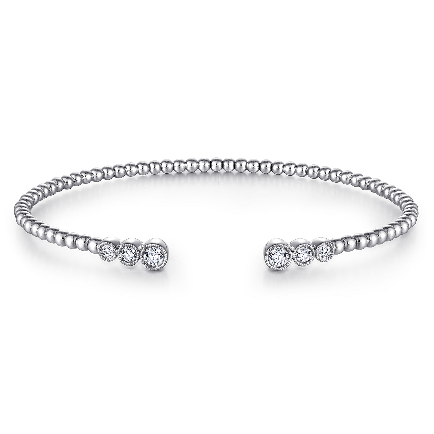 14K White Gold Bujukan Bead Split Cuff Bracelet with Bezel Set Diamonds
