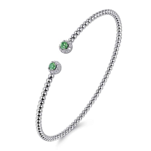 14K White Gold Bujukan Bead Split Cuff Bracelet with Emerald and Diamond Bangle 14K White Gold Bujukan Bead Split Cuff Bracelet with Emerald and Diamond Bangle