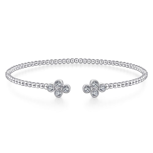 14K White Gold Bujukan Bead Split Cuff Bracelet with Quatrefoil Diamond Endcaps