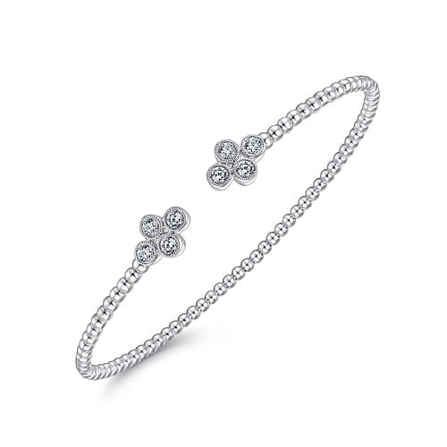 14K White Gold Bujukan Bead Split Cuff Bracelet with Quatrefoil Diamond Endcaps