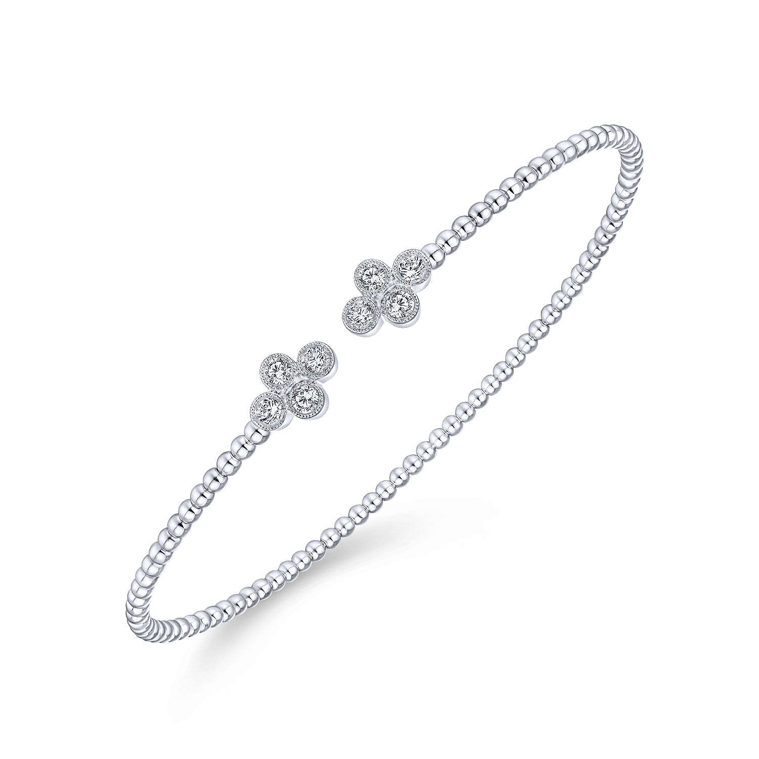 14K White Gold Bujukan Bead Split Cuff Bracelet with Quatrefoil Diamond Endcaps