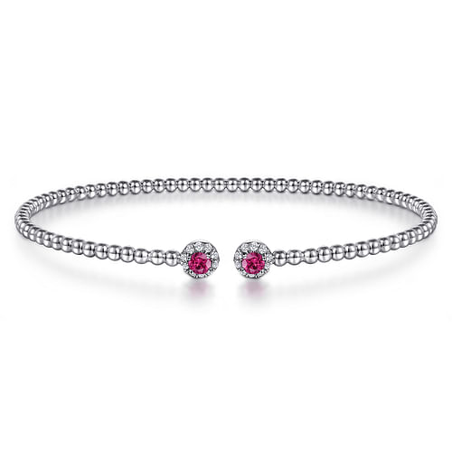 14K White Gold Bujukan Bead Split Cuff Bracelet with Ruby and Diamond Bangle