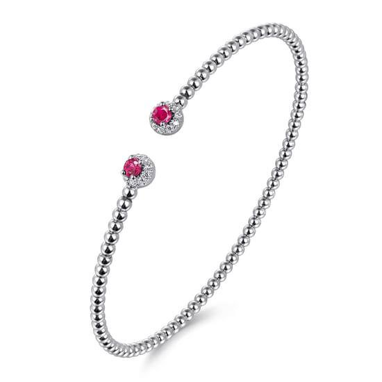 14K White Gold Bujukan Bead Split Cuff Bracelet with Ruby and Diamond Bangle angle 2
