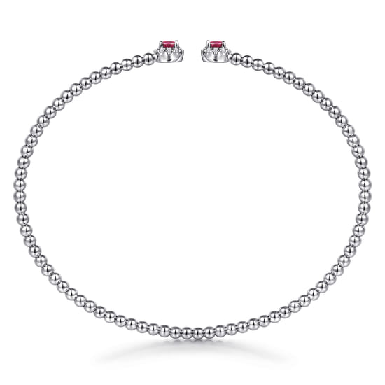 14K White Gold Bujukan Bead Split Cuff Bracelet with Ruby and Diamond Bangle angle 3