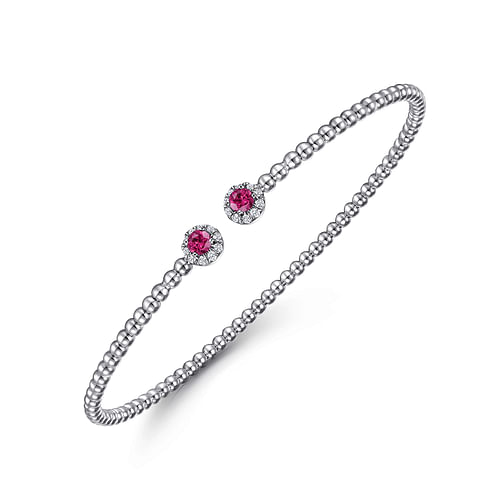 14K White Gold Bujukan Bead Split Cuff Bracelet with Ruby and Diamond Bangle