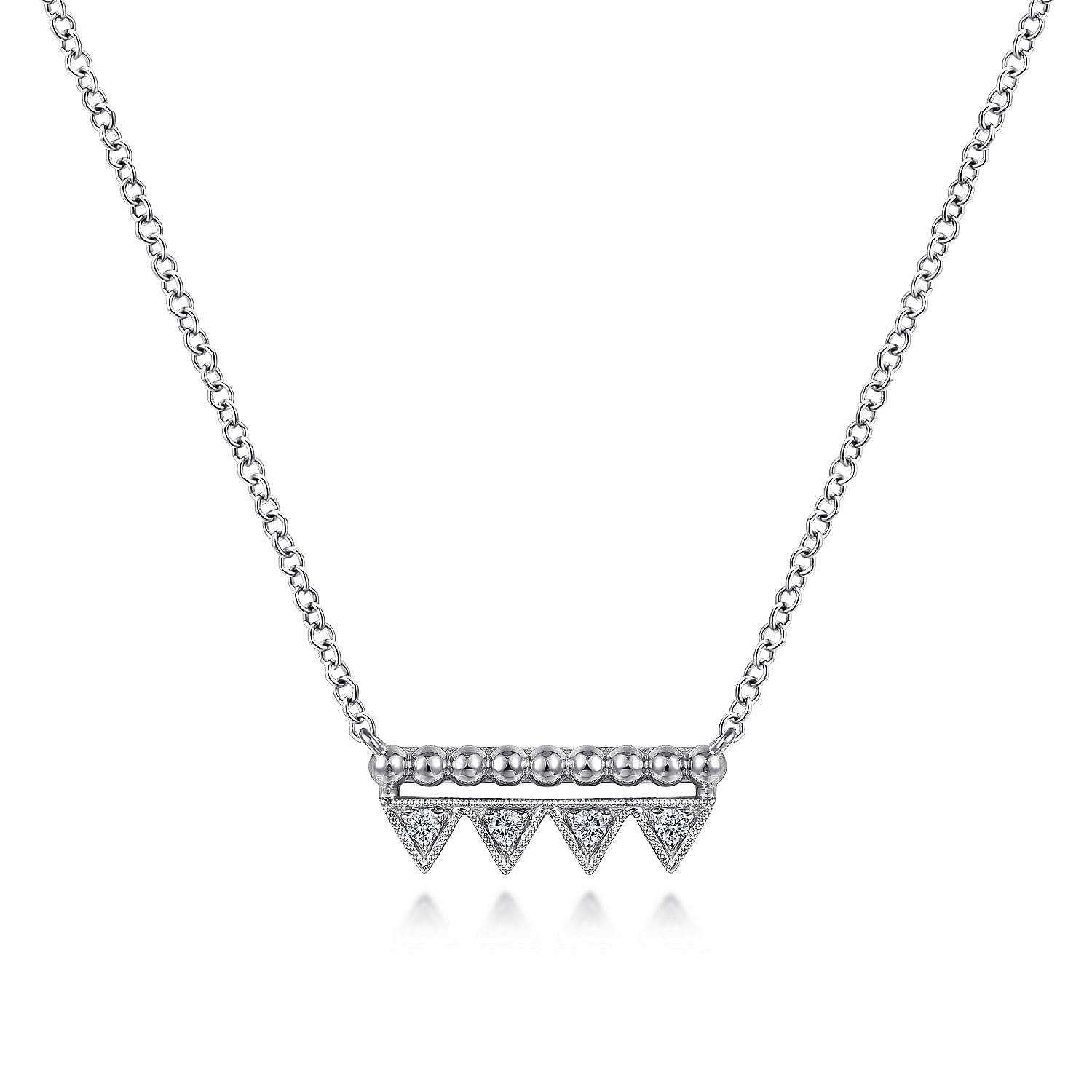 14K White Gold Bujukan Beaded Diamond Triangle Bar Necklace