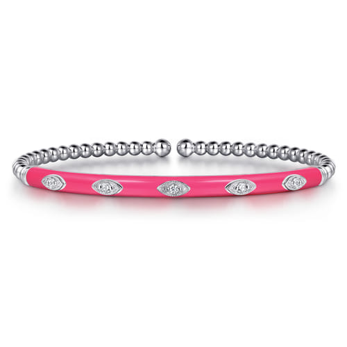 14K White Gold Bujukan Beads and Diamond Split Bangle with Fuchsia Enamel