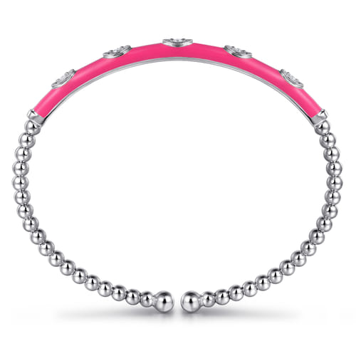 14K White Gold Bujukan Beads and Diamond Split Bangle with Fuchsia Enamel