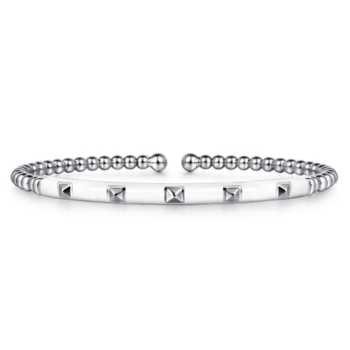 14K White Gold Bujukan Beads and Pyramid Split Bangle with White Enamel