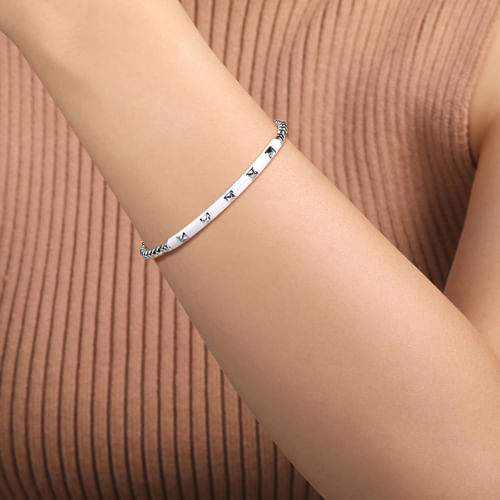 14K White Gold Bujukan Beads and Pyramid Split Bangle with White Enamel