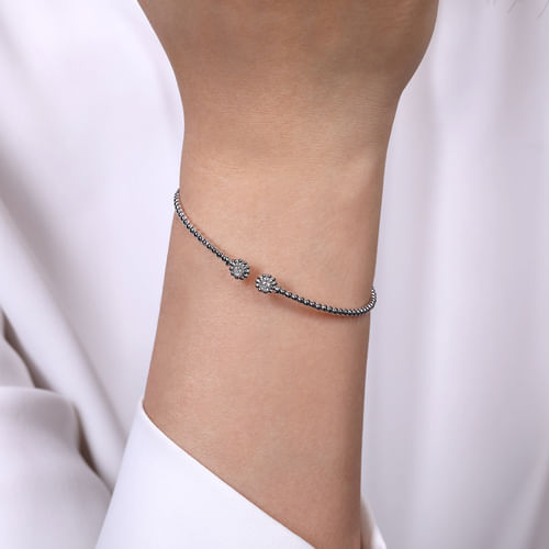 14K White Gold Bujukan Split Cuff Bracelet with Diamond Flower Caps