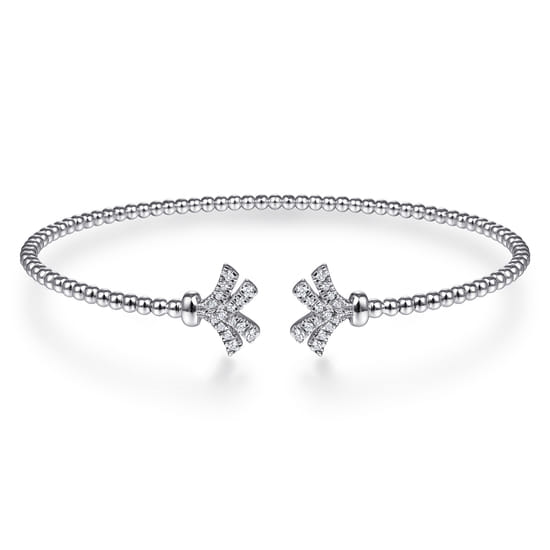14K White Gold Bujukan Split Cuff Bracelet with Diamond Pav¿ª Fan Caps