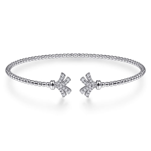 14K White Gold Bujukan Split Cuff Bracelet with Diamond Pav¿ª Fan Caps