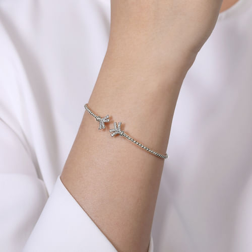 14K White Gold Bujukan Split Cuff Bracelet with Diamond Pav¿ª Fan Caps