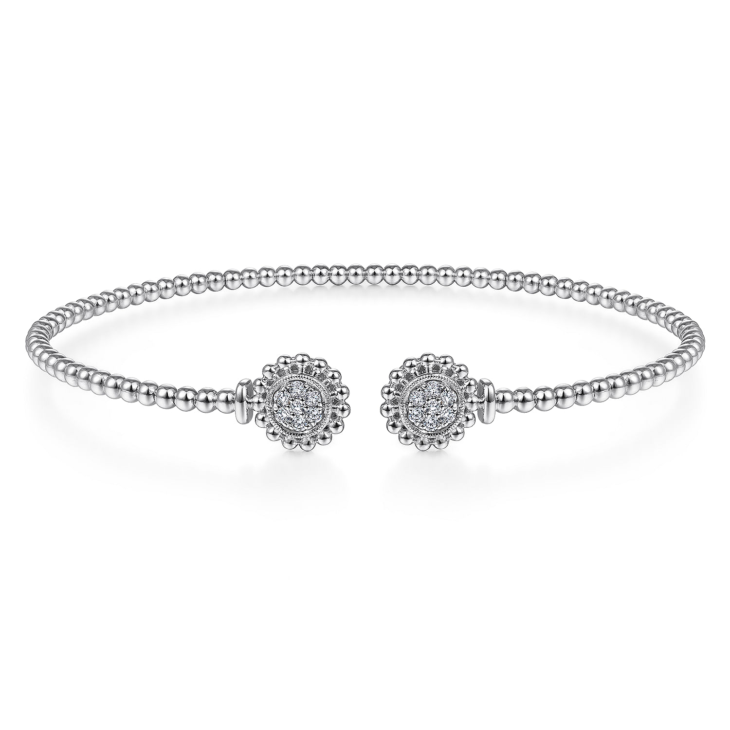 14K White Gold Bujukan Split Cuff Bracelet with Diamond Pavé Flower Caps