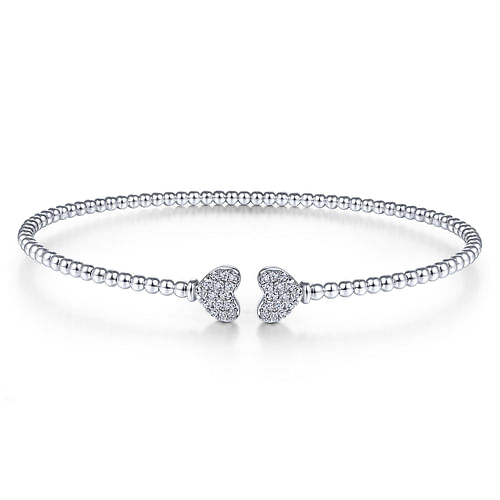 14K White Gold Bujukan Split Cuff Bracelet with Pavé Diamond Hearts