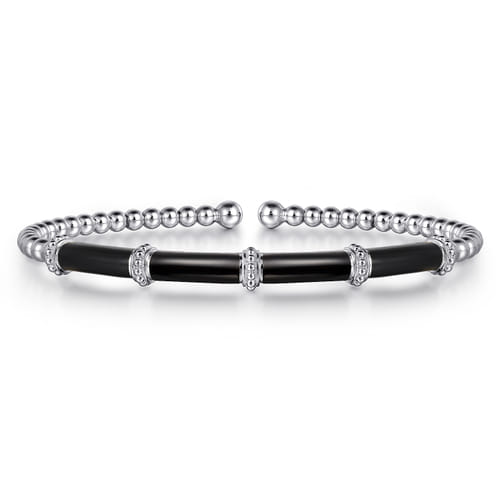14K White Gold Bujukan and Bar Split Bangle with Black Enamel