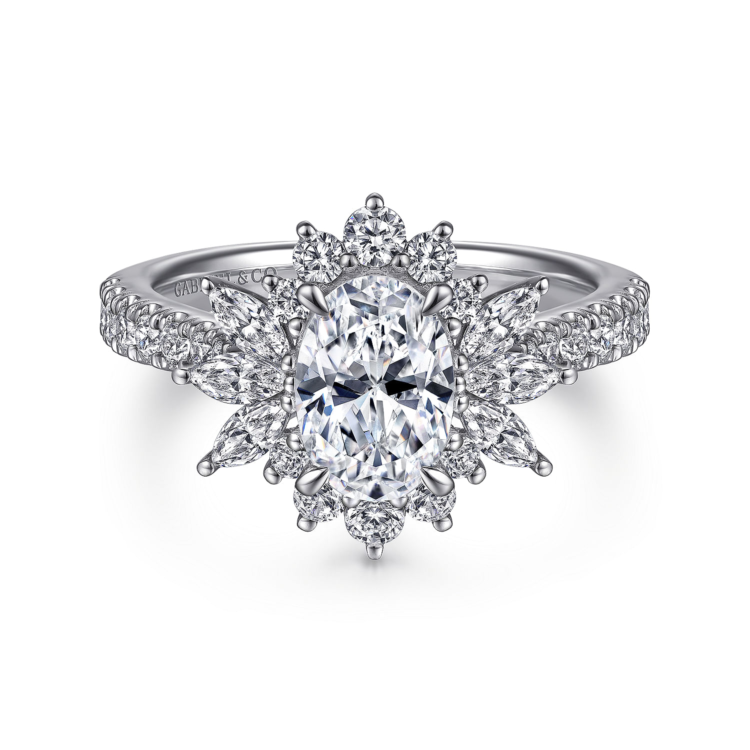 Gabriel - 14K White Gold Bursting Halo Oval Diamond Engagement Ring