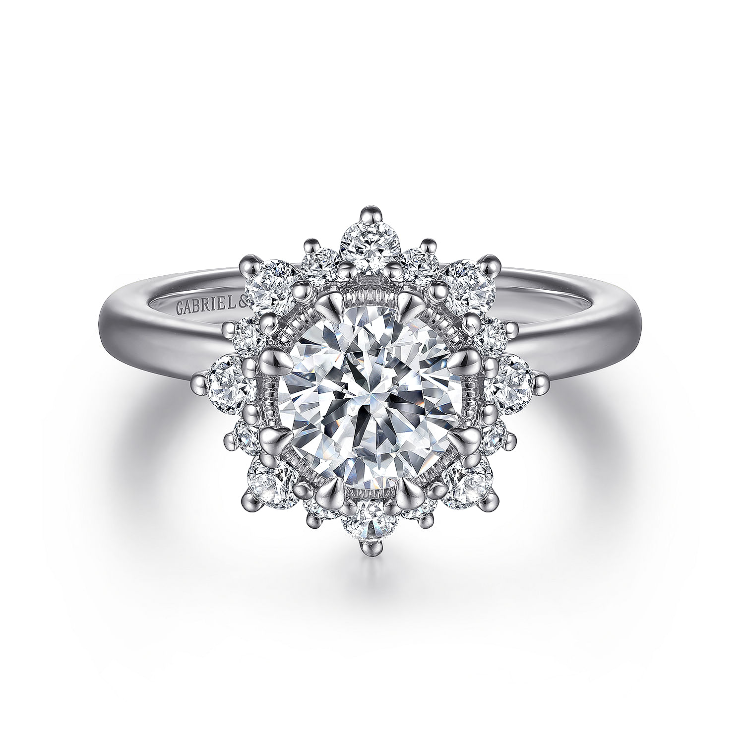 Gabriel - 14K White Gold Bursting Halo Round Diamond Engagement Ring