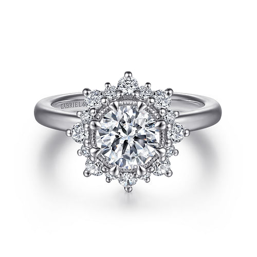 14K White Gold Bursting Halo Round Diamond Engagement Ring