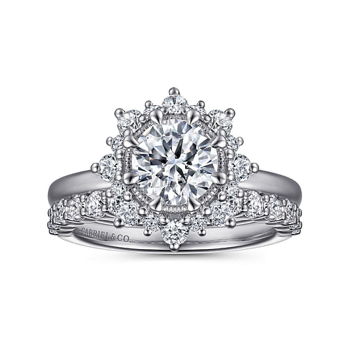 14K White Gold Bursting Halo Round Diamond Engagement Ring