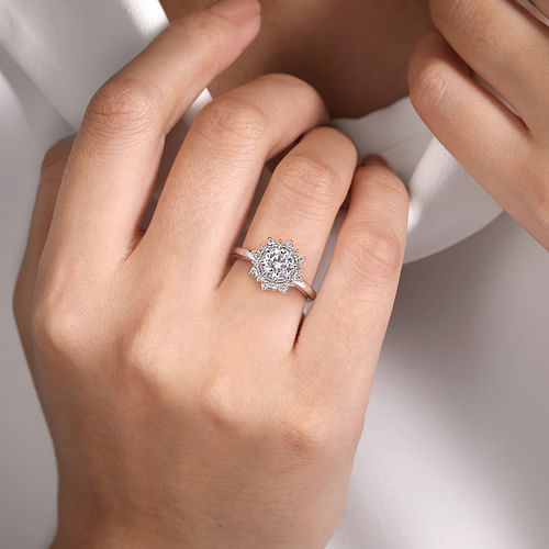 14K White Gold Bursting Halo Round Diamond Engagement Ring