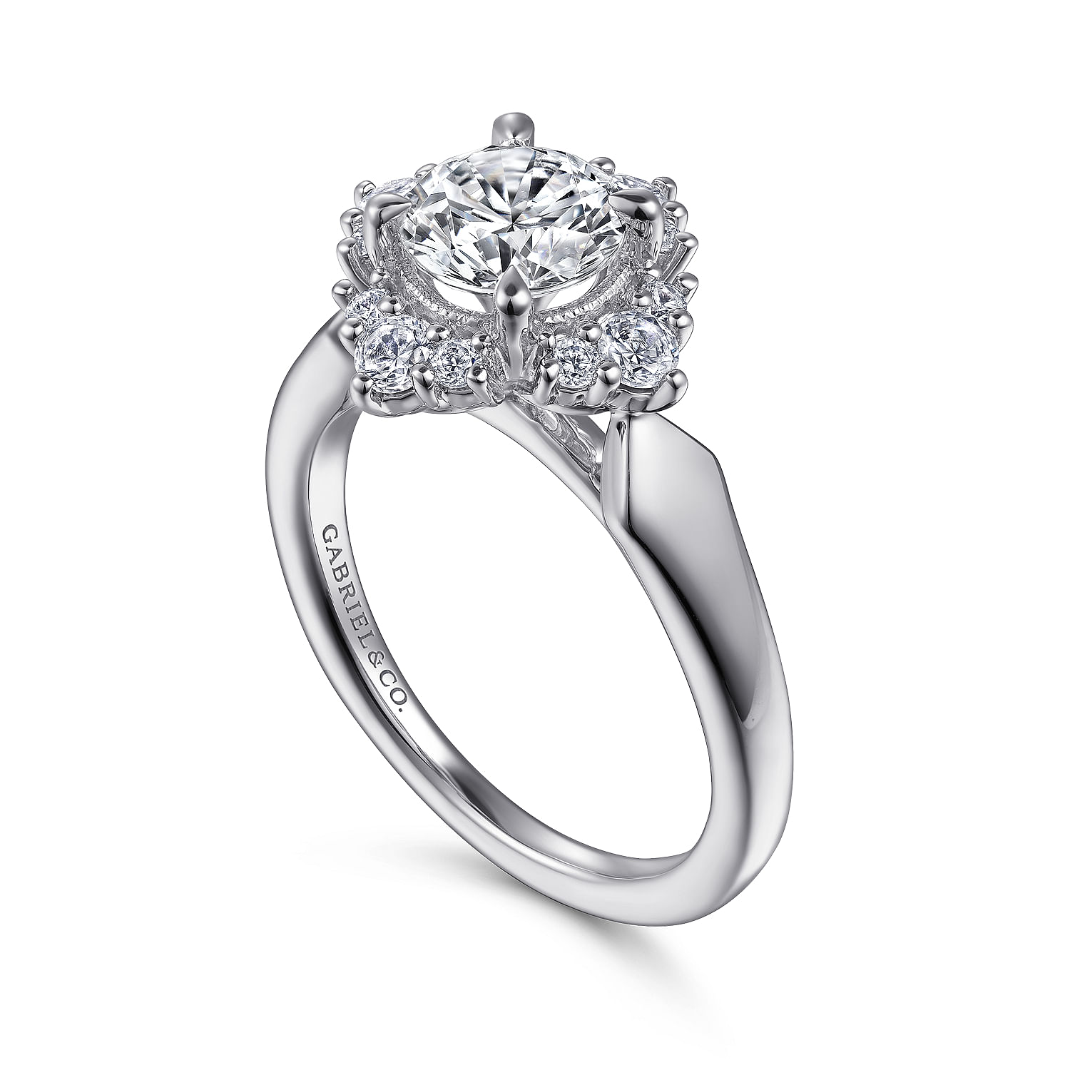 14K White Gold Bursting Halo Round Diamond Engagement Ring