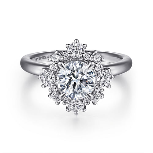 14K White Gold Bursting Halo Round Diamond Engagement Ring